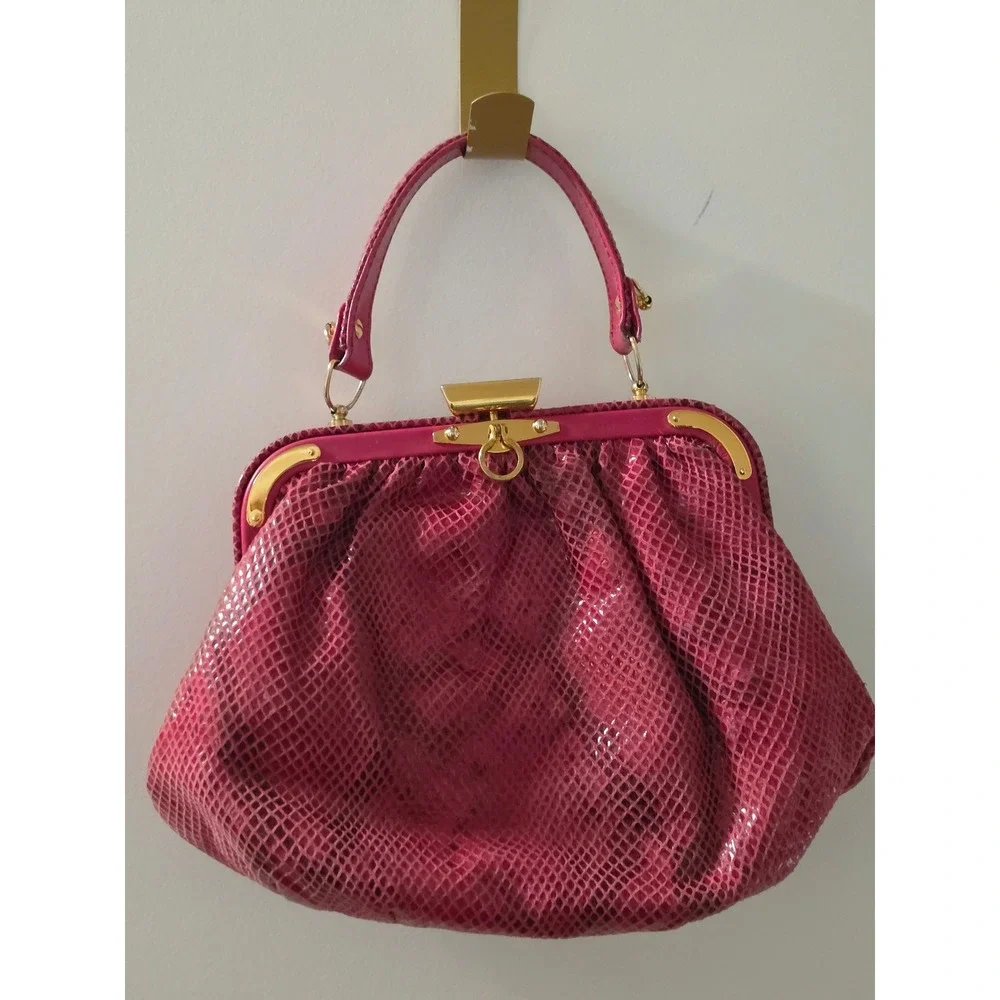 Vintage Style Magenta Faux Snakeskin Frame Handbag Gold Hardware Top Handle Bag